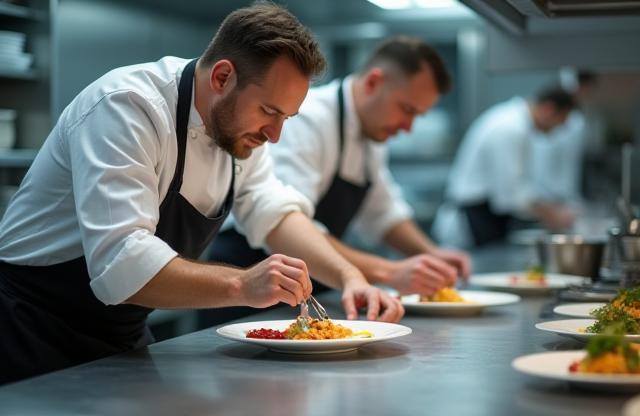 Chefs preparing a dish in the kitchen with focus and care