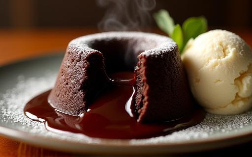 Warm chocolate lava cake with molten center and vanilla bean ice cream