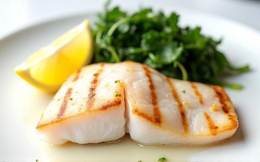 Grilled Barramundi fillet with steamed greens and lemon