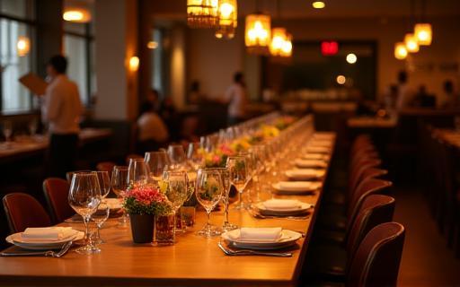 Large communal dining table set up in the restaurant with a warm, inviting ambiance